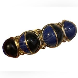 Bracelet, stretchy, slip on, gold, blue black beaded.